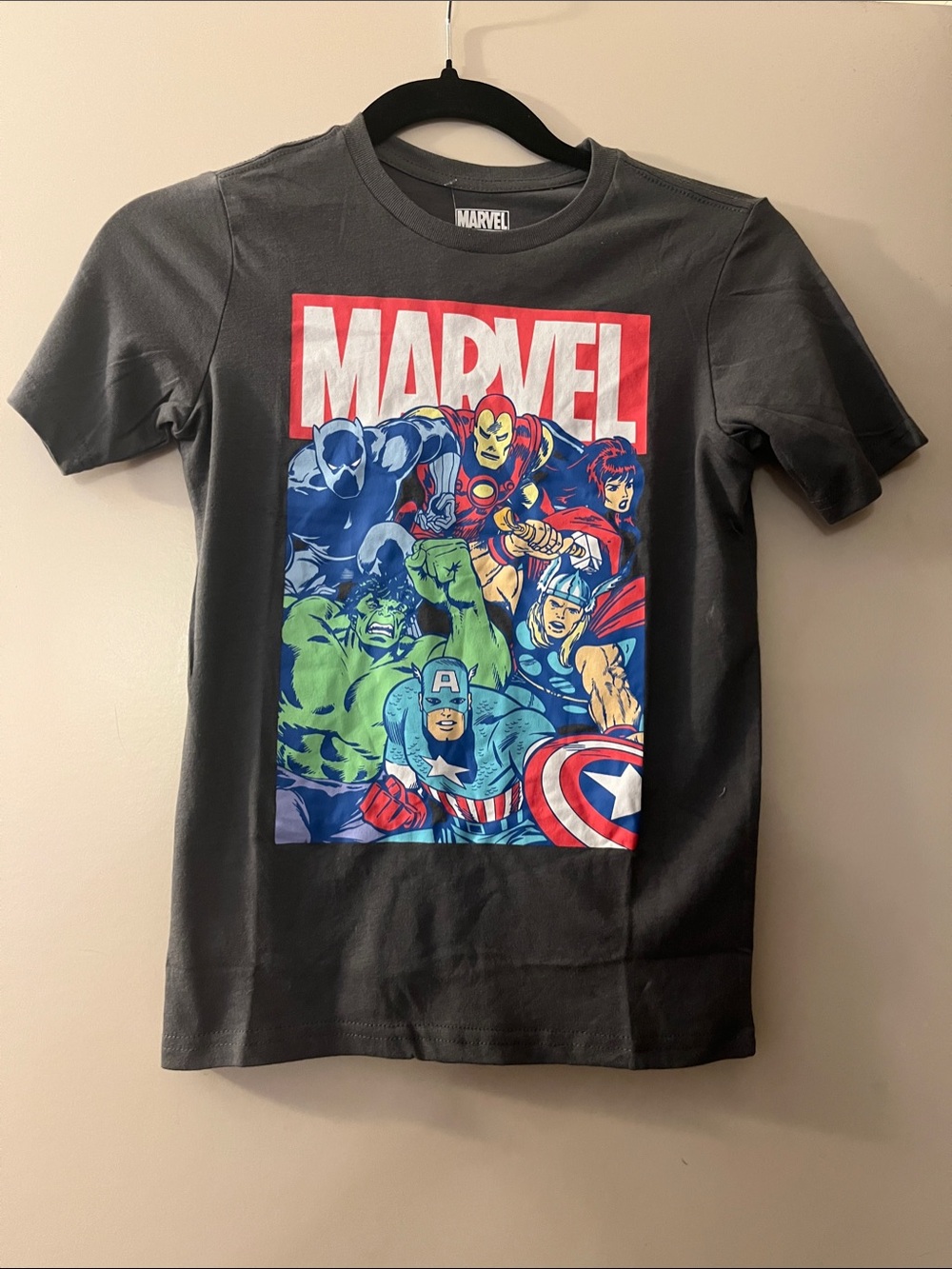 Marvel Grey Short Sleeve Kids Tee with Colorful Superhero Graphic